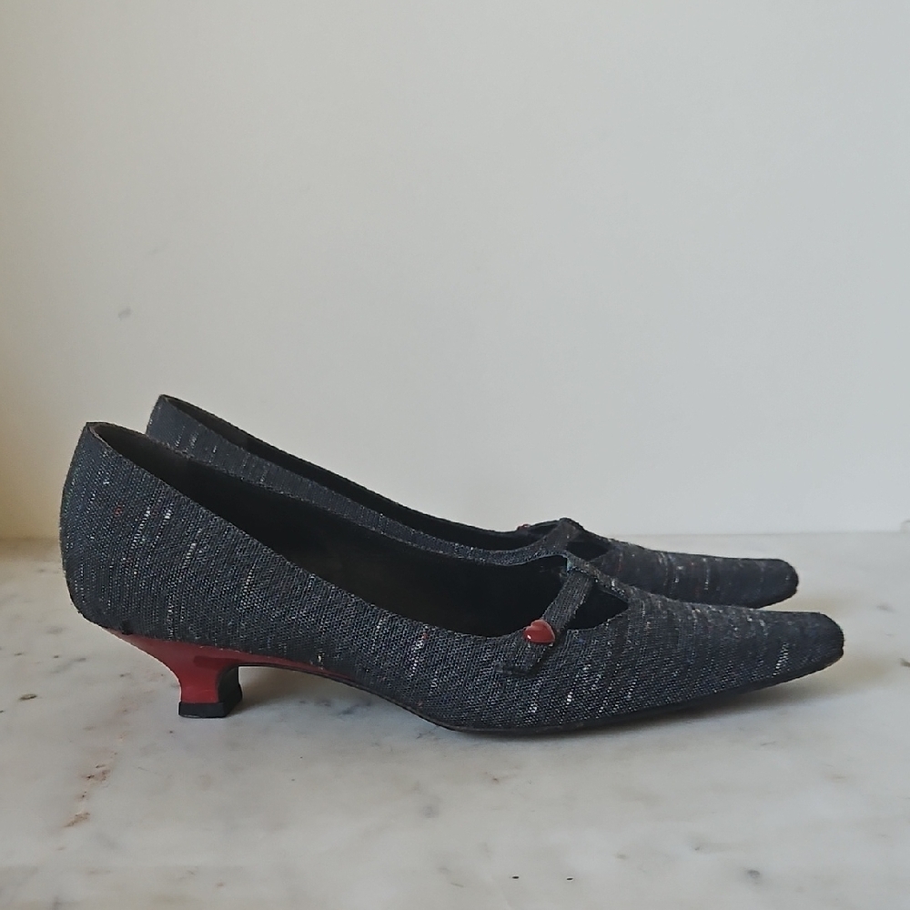 MOSCHINO: Grey Multicolor Tweed Heart Kitten Heels